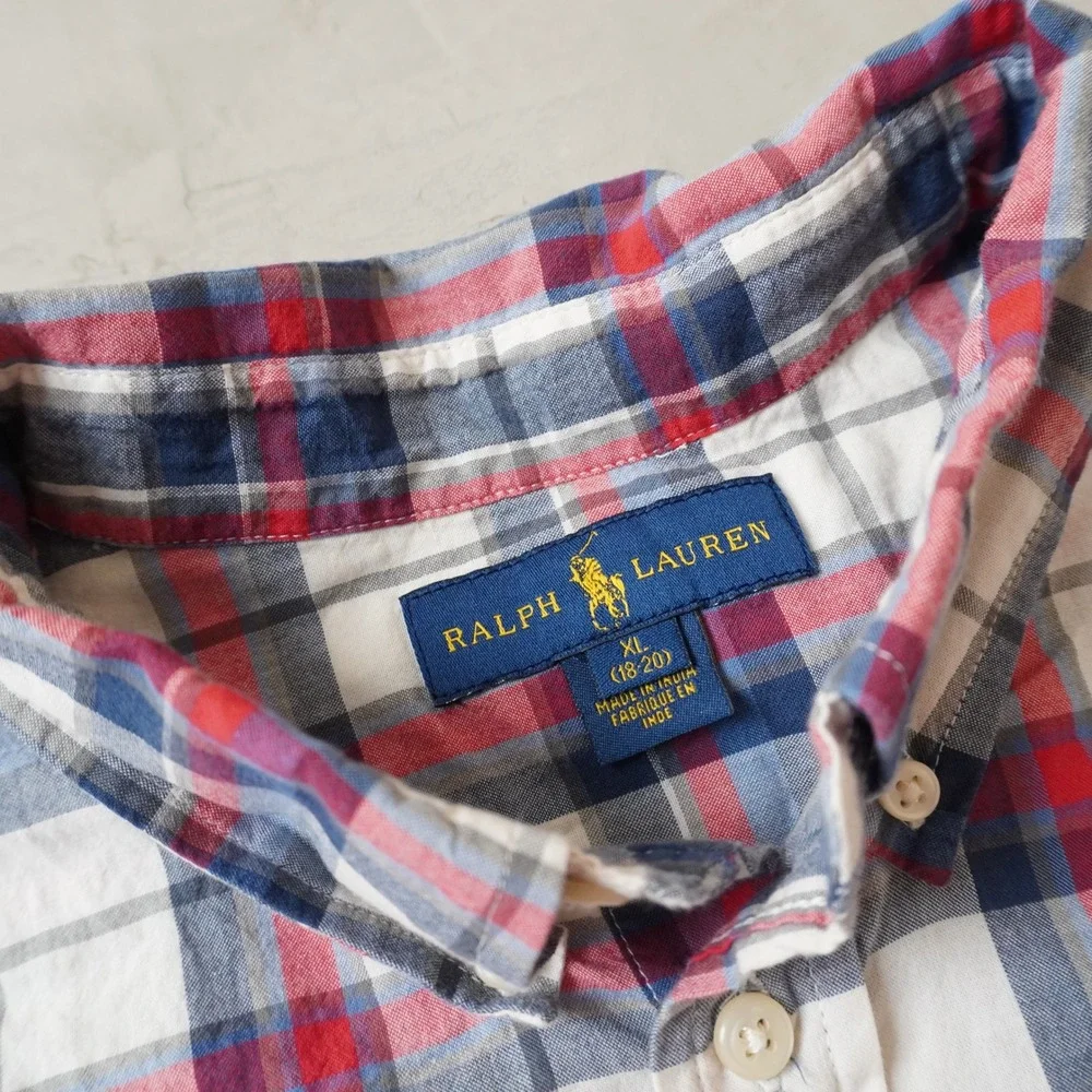 Ralph Lauren Boys XL 18-20 Plaid Short Sleeve Button Down Shirt Red White Blue